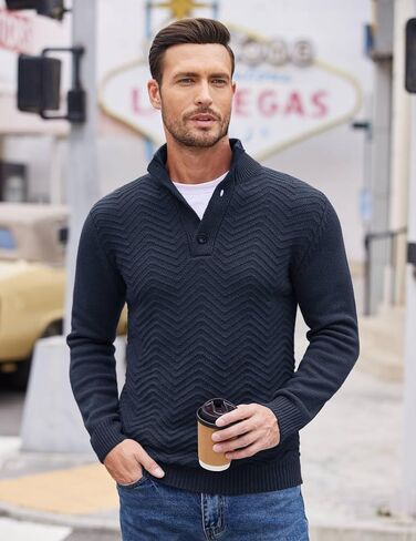 COOFANDY Mens Quarter Button Sweater Turtleneck Pullover Sweater Cable Knit Henley Mock Neck Sweater in Saudi Arabia