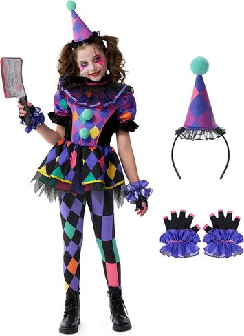 Spooktacular Creations Halloween Clown Costume for Girls, Dark Colorful Twisted Clown Jester Costume for Kids in Saudi Arabia