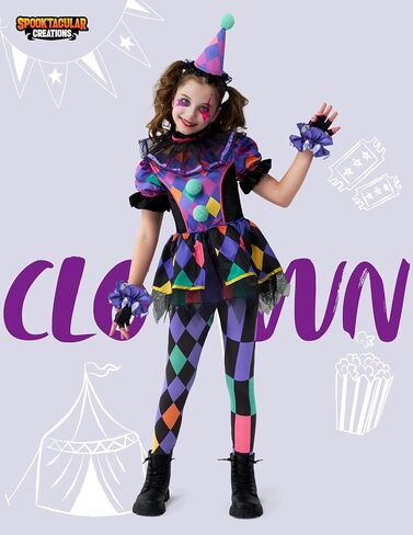Spooktacular Creations Halloween Clown Costume for Girls, Dark Colorful Twisted Clown Jester Costume for Kids in Saudi Arabia