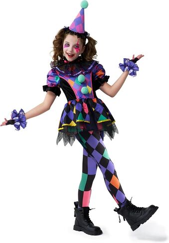 Spooktacular Creations Halloween Clown Costume for Girls, Dark Colorful Twisted Clown Jester Costume for Kids in Saudi Arabia