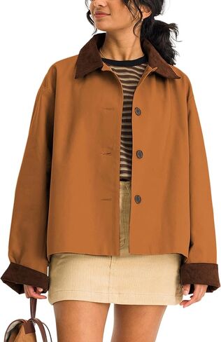 Lviefent Womens Contrast Collar Jacket Casual Button Down Long Sleeves Crop Trench Coat Outerwear with Pockets in Kuwait