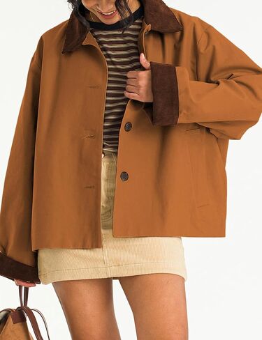Lviefent Womens Contrast Collar Jacket Casual Button Down Long Sleeves Crop Trench Coat Outerwear with Pockets in Kuwait