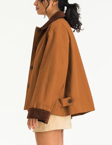 Lviefent Womens Contrast Collar Jacket Casual Button Down Long Sleeves Crop Trench Coat Outerwear with Pockets in Kuwait