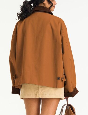 Lviefent Womens Contrast Collar Jacket Casual Button Down Long Sleeves Crop Trench Coat Outerwear with Pockets in Kuwait