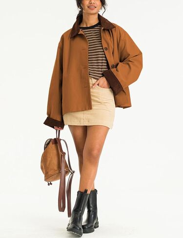 Lviefent Womens Contrast Collar Jacket Casual Button Down Long Sleeves Crop Trench Coat Outerwear with Pockets in Kuwait