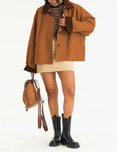 Lviefent Womens Contrast Collar Jacket Casual Button Down Long Sleeves Crop Trench Coat Outerwear with Pockets in Kuwait