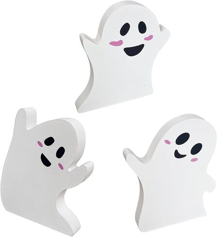 3 Pcs Cute Ghost Halloween Decorations for Indoors, Spooky Decorations, Wooden Tiered Tray Decor Table Sign, Black Cat, Bat, Witch Broom Signs, Pumpkin Blocks for Party Home Shelf Display in Saudi Arabia