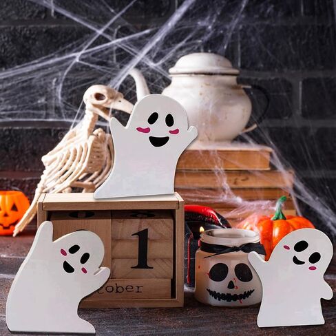 3 Pcs Cute Ghost Halloween Decorations for Indoors, Spooky Decorations, Wooden Tiered Tray Decor Table Sign, Black Cat, Bat, Witch Broom Signs, Pumpkin Blocks for Party Home Shelf Display in Saudi Arabia