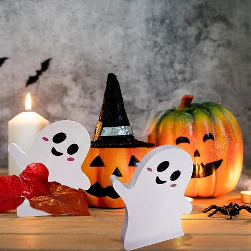 3 Pcs Cute Ghost Halloween Decorations for Indoors, Spooky Decorations, Wooden Tiered Tray Decor Table Sign, Black Cat, Bat, Witch Broom Signs, Pumpkin Blocks for Party Home Shelf Display in Saudi Arabia