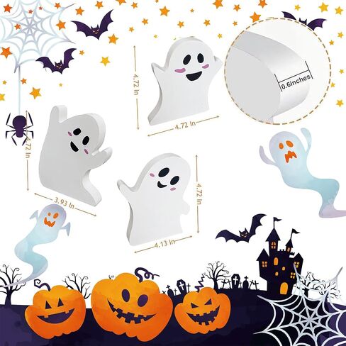 3 Pcs Cute Ghost Halloween Decorations for Indoors, Spooky Decorations, Wooden Tiered Tray Decor Table Sign, Black Cat, Bat, Witch Broom Signs, Pumpkin Blocks for Party Home Shelf Display in Saudi Arabia