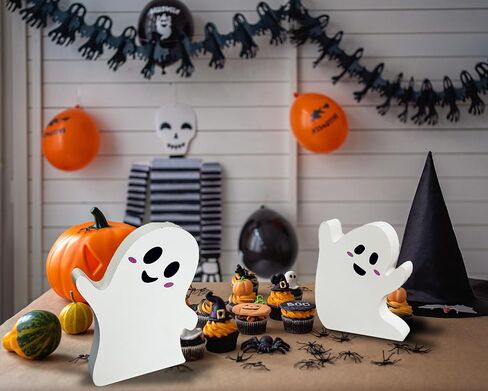 3 Pcs Cute Ghost Halloween Decorations for Indoors, Spooky Decorations, Wooden Tiered Tray Decor Table Sign, Black Cat, Bat, Witch Broom Signs, Pumpkin Blocks for Party Home Shelf Display in Saudi Arabia