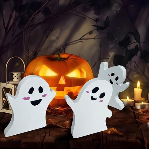 3 Pcs Cute Ghost Halloween Decorations for Indoors, Spooky Decorations, Wooden Tiered Tray Decor Table Sign, Black Cat, Bat, Witch Broom Signs, Pumpkin Blocks for Party Home Shelf Display in Saudi Arabia