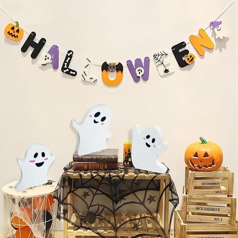 3 Pcs Cute Ghost Halloween Decorations for Indoors, Spooky Decorations, Wooden Tiered Tray Decor Table Sign, Black Cat, Bat, Witch Broom Signs, Pumpkin Blocks for Party Home Shelf Display in Saudi Arabia