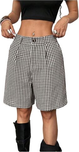 شورت فضفاض منقوش للنساء Y2k Gingham شورت صيفي للعطلات بأرجل مستقيمة مع جيوب in Saudi Arabia