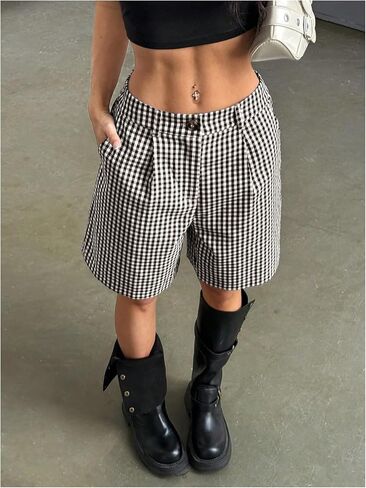 شورت فضفاض منقوش للنساء Y2k Gingham شورت صيفي للعطلات بأرجل مستقيمة مع جيوب in Saudi Arabia