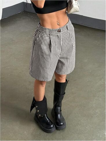 شورت فضفاض منقوش للنساء Y2k Gingham شورت صيفي للعطلات بأرجل مستقيمة مع جيوب in Saudi Arabia