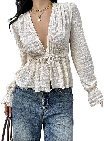 OYOANGLE Women's Boho Seashell Deep V Neck Blouse Long Sleeve Ruffle Peplum Vacation Shirts in Saudi Arabia