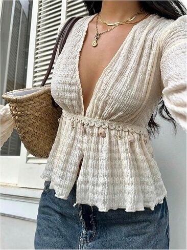 OYOANGLE Women's Boho Seashell Deep V Neck Blouse Long Sleeve Ruffle Peplum Vacation Shirts in Saudi Arabia