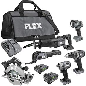 FLEX 24V Brushless Cordless 6-Tool Combo Kit: Hammer Drill, Hex Impact Driver, Circular Saw, Multi-Tool, Reciprocating Saw, Work Light with 2.5Ah, 5.0Ah Lithium Batteries and 160W Charger - FXM601-2B