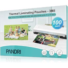 Laminating Sheets, PANDRI 100 Pack Thermal Laminating Pouches Holds 11 x 17 Inch, 3 Mil Plastic Laminator Paper 11.5 x 17.5 Inch, Clear Round Corner