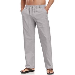 Boisouey Mens Casual Linen Pants Loose Fit Elastic Waist Drawstring Beach Summer Yoga Trousers