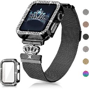 Magnetic Band Compatible with Apple Watch 38mm 40mm 41mm 42mm 44mm 45mm Stainless Steel Metal Strap with Bling Case and Built-in Screen Protector, Dressy Milanese Loop iWatch Bands for Women