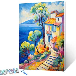 Romantic Seaside House DIY Paint by Numbers for Adults Beginner,Garffitic Seascape Pictures Arts Craft Home Wall Art Decor,Fantasy Full Moon Oil Painting Kits Kids Adults,Gift 16x20 inch (Flameless)
