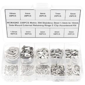 330PCS Metric 1.5mm-10mm 304 Stainless Steel E-Clips External Retaining Rings Assortment Kit;Side-Mount External Retaining Circlip Rings