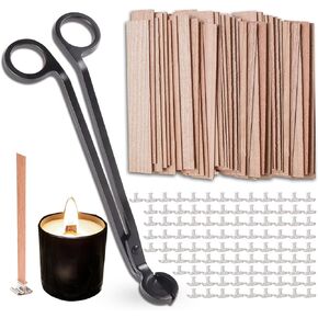 200Pcs Wooden Candle Wicks,Wood Candle Wicks Smokeless 5.1 x 0.5 Inch Natural Wood Wicks for Candles with Golden Candle Wick Trimmer and Iron Stand for DIY Candle Making (100 Set)