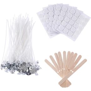 Candle Wicks 120 Pcs 4 inch with 120 Pcs Candle Wick Stickers and 10 Pcs Wooden Candle Wick Holders Candle Wicks for Candle Making Candle DIY