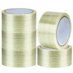 5 Rolls Heavy Duty Filament Strapping Tape, 2 Inches x 55 Yards x 5.9 Mil, Clear Premium Filament Tape, Fiberglass Filament Tape for Wrapping, Shipping, Repairing Carton, Wood, Steel, Glass