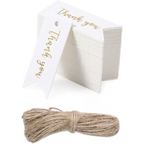 SAVITA 100pcs Mini Thank You Gift Tags with String, Exquisite Paper Gift Tags with Holes Hang Tags with String Attached for Craftwork Wedding Birthday Thanksgiving Anniversary (2''*0.75'')