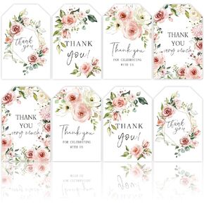 Whaline 100Pcs Thank You Gift Tags with 98.4ft Hemp Rope Ink Floral Style Paper Tags Hanging Labels Name Tags for Baby Shower Birthday Wedding Bridal Shower DIY Gift Party Favor Decor, 4 Designs
