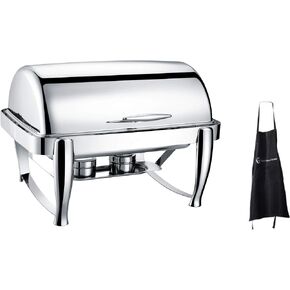 Virtuosa Stainless Steel Oblong 8QT Chafer, Roll-top Set Includes Food Pan, Water Pan and Fuel Holders – Durable, shiny silver, keeps food warm in catered events + CHEFS APRON