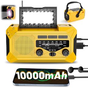 10000mAh Emergency Hand Crank Radio with LED Flashlight, AM/FM NOAA Portable Weather Alert Radio, Solar Powered Radio with Phone Charger, USB Charged, Headphone Jack, SOS Alarm, Compass (Yellow) in Kuwait