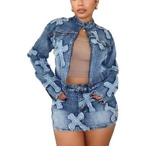 Molilove 2 Piece Denim Skirt Jacket Set Women Zipper Jacket Top Elastic Waist Skirt with Pockets Sweatsuit Tracksuit Sets