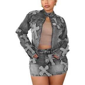 Molilove 2 Piece Denim Skirt Jacket Set Women Zipper Jacket Top Elastic Waist Skirt with Pockets Sweatsuit Tracksuit Sets