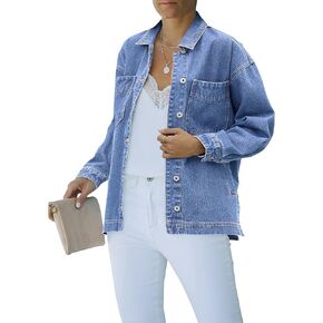 luvamia Denim Jacket for Women Trendy Oversized Button Down Jean Jacket Long Sleeve Slit Hem Shacket Jackets with Pocket
