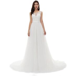 Women's Simple V Neck Sleeveless Satin Tulle Backless Bride Ball Gown Evening Wedding Dress White