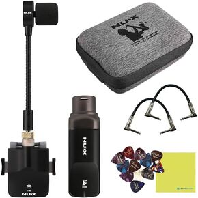 NUX Saxophone Microphone Wireless System (B-6S) with Charging Case Bundle with 2X Strukture S6P48 Woven Right Angle Patch Cables, 12x Fender Guitar Picks and Liquid Audio Instrument Polishing Cloth in Saudi Arabia