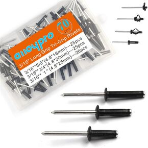 70 Pcs 3/16" Long Grip Tri-Grip Rivets,Kayak Pad Eye Deep Water Tri-Fold Bulb Mounting Rivet,All Aluminum for Installing Kayak, Boat and Canoe Accessories（16,20,25）
