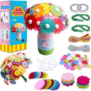 Flower Craft Kit for Kids,Make Your Own Flower Bouquet with Buttons,DIY Activity Gift for Boys & Girls Age 4 5 6 7 8 9 10 Year Old(2 Bouquets and 1 Glass Vase)