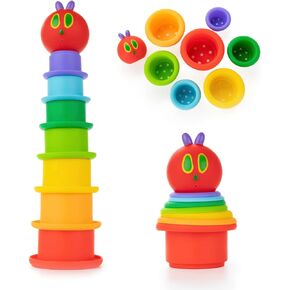 Kids Preferred World of Eric Carle The Very Hungry Caterpillar Bath Time Silicone Stacking Cup Set with Caterpillar Head Squirty Perfect for Water Play Ages 18 Months and Up