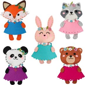 Kid Sewing Craft Kit to Make a Friend for Beginner Felt Craft Learn to Sew, Panda Fox Bunny Raccoon Bear 5 Animals