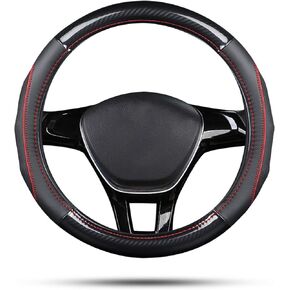 Ergocar Sport Carbon Fiber & First Layer Cowhide Car Steering Wheel Cover Non-Slip Car Steering Wheel Protector Universal for Diameter 38cm(15") (Black-red)