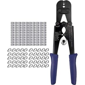 CAMWAY Wire Rope Crimper Crimping Tool Wire Rope Cutter from 1/16inch to 1/8inch +100pcs 1/8inch Aluminum Crimping Loop Sleeve + 50pcs M3 Stainless Steel Wire Rope Cable Thimble Rigging