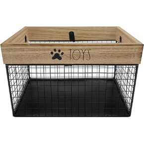 Rae Dunn Pet Toy Storage Bin - Metal and Wood Organizer for Dog Toys, Treats, Leashes - Cat Toy Basket Container - Dark Wood
