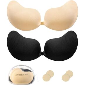 2 Pack Adhesive Bra - Invisible Strapless Push Up Bra, Breathable Sticky Bra for Backless Dress with Nipple Covers
