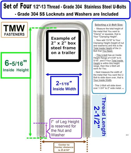 TMW (4) 304 Stainless Steel Square U-Bolts 1/2" Diameter x 2-1/16" Inside Width x 6-5/16" Inside Height with SS Lock Nuts & Washers for Boat and Utility Trailers Fits Down Over 2" Wide Metal in Kuwait