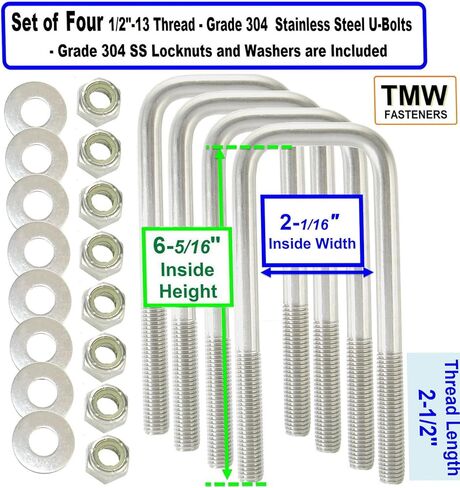 TMW (4) 304 Stainless Steel Square U-Bolts 1/2" Diameter x 2-1/16" Inside Width x 6-5/16" Inside Height with SS Lock Nuts & Washers for Boat and Utility Trailers Fits Down Over 2" Wide Metal in Kuwait